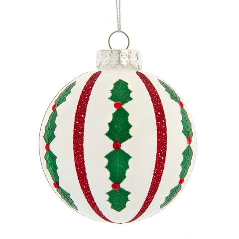 Kurt Adler Kurt Adler 80MM Red and White Holly Leaf Glass Ball Ornaments, 6-Piece Set