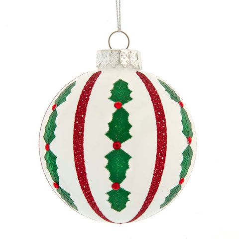 Kurt Adler Kurt Adler 80MM Red and White Holly Leaf Glass Ball Ornaments, 6-Piece Set