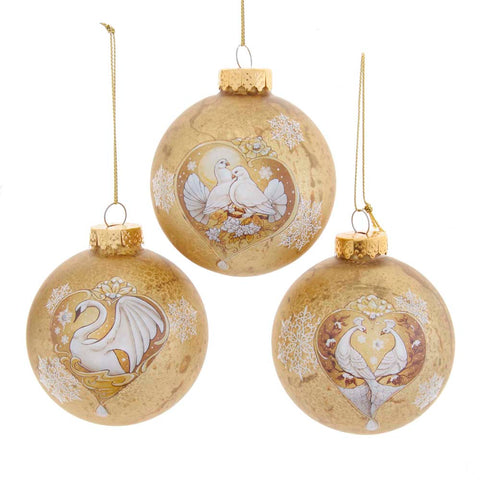 Kurt Adler 80MM Gold Balls With Bird Decals Ornaments, 6-Piece Box
